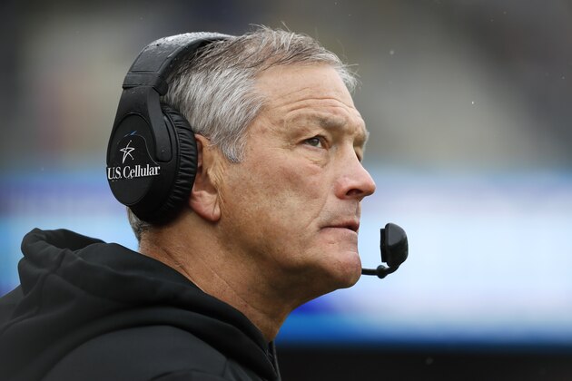 Iowa head coach Kirk Ferentz watches from the sideline during the second half of an NCAA college football game against Purdue, Saturday, Oct. 19, 2019, in Iowa City, Iowa. Iowa won 26-20. (AP Photo/Charlie Neibergall) Iowa head coach Kirk Ferentz watches from the sideline during the second half of an NCAA college football game against Purdue, Saturday, Oct. 19, 2019, in Iowa City, Iowa. Iowa won 26-20. (AP Photo/Charlie Neibergall)