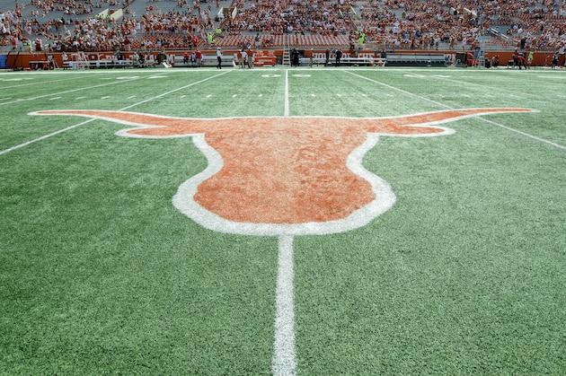 AUSTIN, TX - SEPTEMBER 02:  The Texas Longhorns logo on the field at Darrell K Royal-Texas Memorial Stadium before the game against the Maryland Terrapins on September 2, 2017 in Austin, Texas. (Photo by G Fiume/Maryland Terrapins/Getty Images)