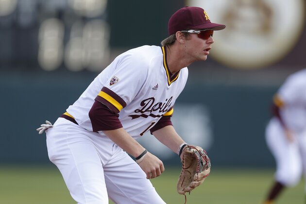 Arizona State third baseman Gage Workman during an NCAA college baseball game against Notre Dame, Sunday, Feb. 17, 2019, in Phoenix. (AP Photo/Rick Scuteri)