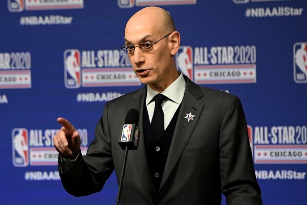 CHICAGO, ILLINOIS - FEBRUARY 15: NBA Commissioner Adam Silver speaks to the media during a press conference at the United Center on February 15, 2020 in Chicago, Illinois. NOTE TO USER: User expressly acknowledges and agrees that, by downloading and or using this photograph, User is consenting to the terms and conditions of the Getty Images License Agreement. (Photo by Stacy Revere/Getty Images)