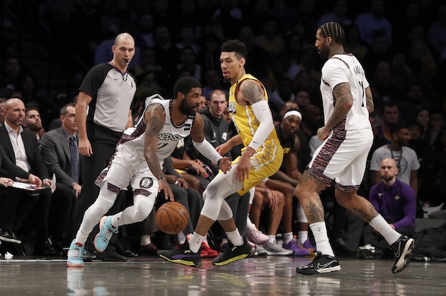 NEW YORK, NEW YORK - JANUARY 23: (NEW YORK DAILIES OUT) Kyrie Irving #11 of the Brooklyn Nets in action against Danny Green #14 of the Los Angeles Lakers at Barclays Center on January 23, 2020 in New York City. The Lakers defeated the Nets 128-113. NOTE TO USER: User expressly acknowledges and agrees that, by downloading and or using this photograph, User is consenting to the terms and conditions of the Getty Images License Agreement. (Photo by Jim McIsaac/Getty Images) NEW YORK, NEW YORK - JANUARY 23: (NEW YORK DAILIES OUT) Kyrie Irving #11 of the Brooklyn Nets in action against Danny Green #14 of the Los Angeles Lakers at Barclays Center on January 23, 2020 in New York City. The Lakers defeated the Nets 128-113. NOTE TO USER: User expressly acknowledges and agrees that, by downloading and or using this photograph, User is consenting to the terms and conditions of the Getty Images License Agreement. (Photo by Jim McIsaac/Getty Images)
