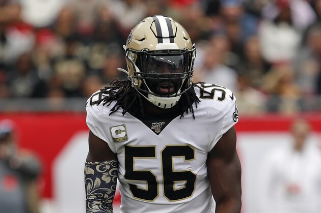 New Orleans Saints outside linebacker Demario Davis (56) during the first half of an NFL football game against the Tampa Bay Buccaneers Sunday, Nov. 17, 2019, in Tampa, Fla. (AP Photo/Mark LoMoglio)