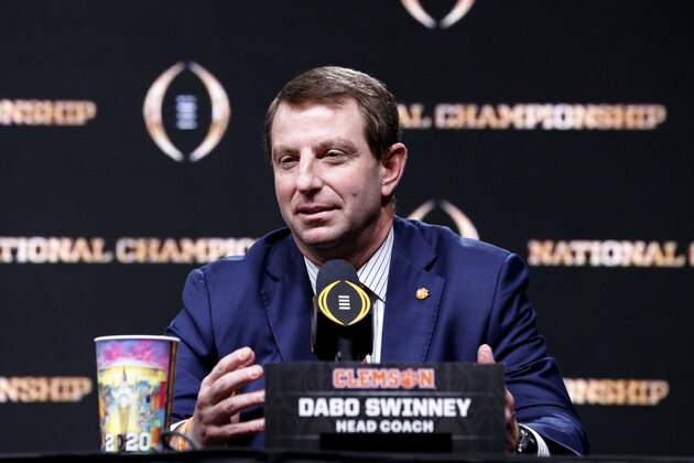 NEW ORLEANS, LOUISIANA - JANUARY 12: Head Coach Dabo Swinney of the Clemson Tigers addresses the media during the Head Coaches Press Conference before the College Football Playoff National Championship at the Grand Ballroom at the Sheraton Hotel on January 12, 2020 in New Orleans, Louisiana. (Photo by Don Juan Moore/Getty Images)
