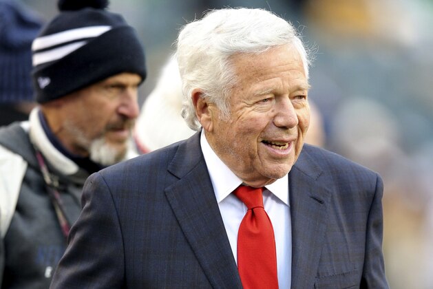 New England Patriots owner Robert Kraft on the field before an NFL football game against the Philadelphia Eagles, Sunday, Nov. 17, 2019, in Philadelphia. The Patriots defeated the Eagles 17-10. (Brad Penner/AP Images for Panini) New England Patriots owner Robert Kraft on the field before an NFL football game against the Philadelphia Eagles, Sunday, Nov. 17, 2019, in Philadelphia. The Patriots defeated the Eagles 17-10. (Brad Penner/AP Images for Panini)