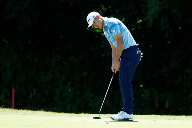 FORT WORTH, TEXAS - JUNE 13: Xander Schauffele of the United States plays his shot from the 13th tee during the third round of the Charles Schwab Challenge on June 13, 2020 at Colonial Country Club in Fort Worth, Texas. (Photo by Tom Pennington/Getty Images)