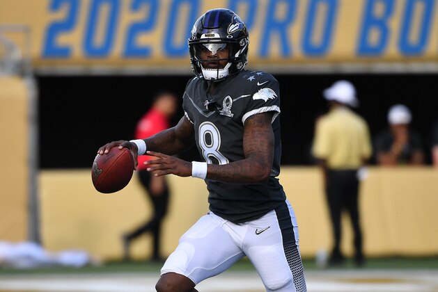 ORLANDO, FLORIDA - JANUARY 26: Lamar Jackson #8 of the Baltimore Ravens in action during the 2020 NFL Pro Bowl at Camping World Stadium on January 26, 2020 in Orlando, Florida. (Photo by Mark Brown/Getty Images)