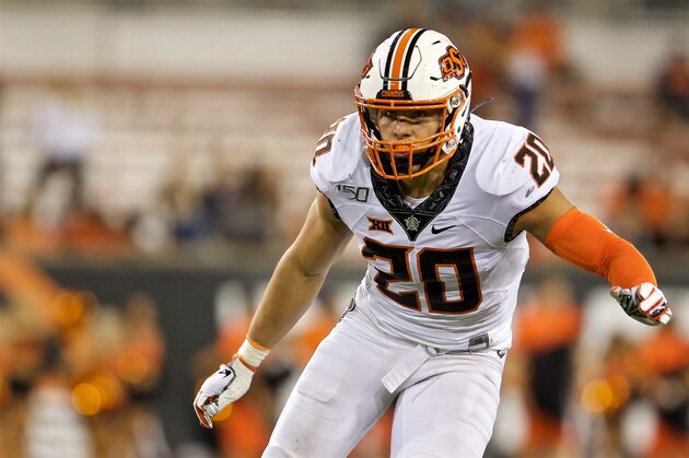Oklahoma State Cowboys safety Malcolm Rodriguez during an NCAA football game on Friday, Aug. 30, 2019 in Corvallis, Ore. (AP Photo/Craig Mitchelldyer)