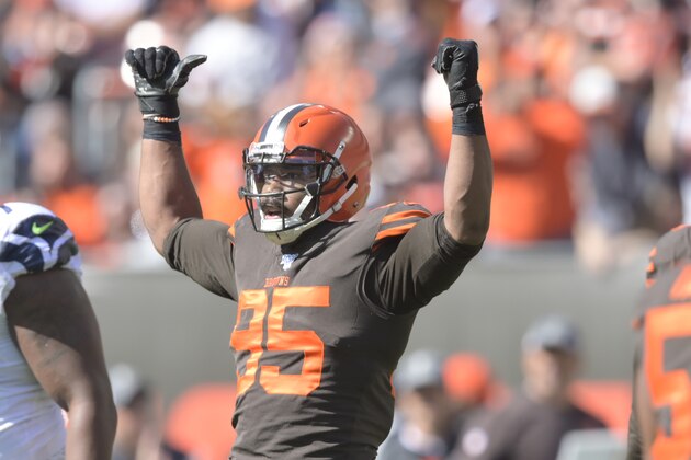 Cleveland Browns defensive end Myles Garrett (95) reacts during an NFL football game against the Seattle Seahawks, Sunday, Oct. 13, 2019, in Cleveland. The Seahawks won 32-28. (AP Photo/David Richard)