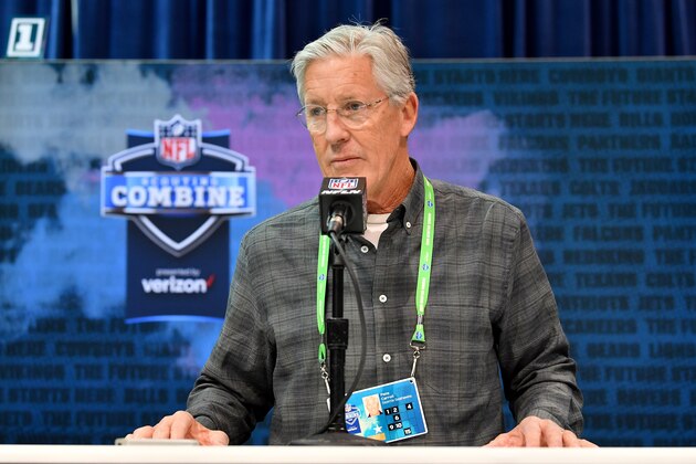 INDIANAPOLIS, INDIANA - FEBRUARY 25: Head coach Pete Carroll of the Seattle Seahawks interviews during the first day of the NFL Scouting Combine at Lucas Oil Stadium on February 25, 2020 in Indianapolis, Indiana. (Photo by Alika Jenner/Getty Images)