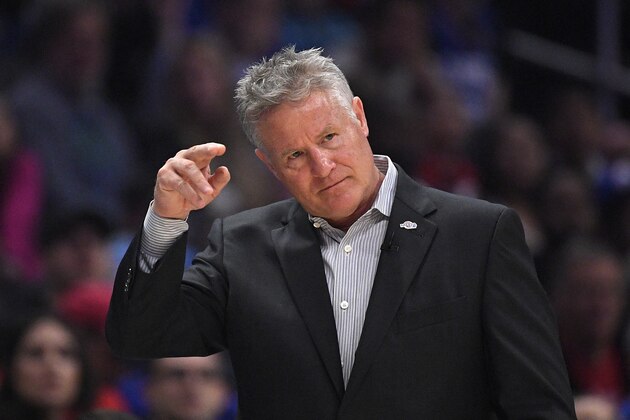 Philadelphia 76ers head coach Brett Brown gestures during the first half of an NBA basketball game against the Los Angeles Clippers Sunday, March 1, 2020, in Los Angeles. (AP Photo/Mark J. Terrill)
