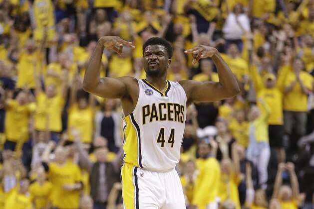 Indiana Pacers' Solomon Hill celebrates after hitting a basket during the second half of Game 6 of an NBA first-round playoff basketball series against the Toronto Raptors, Friday, April 29, 2016, in Indianapolis. (AP Photo/Darron Cummings)