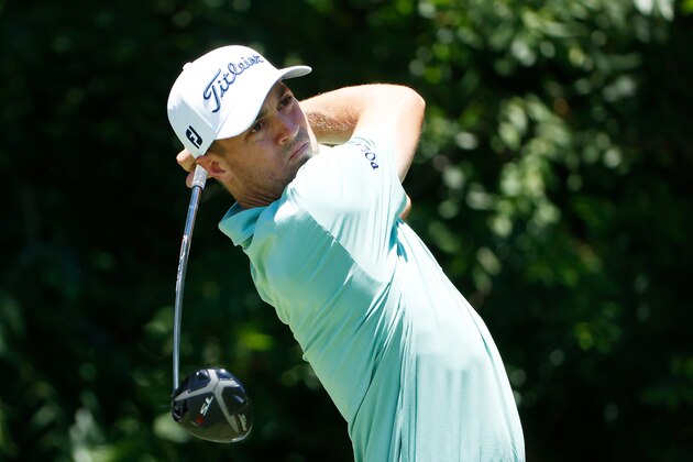 FORT WORTH, TEXAS - JUNE 14: Justin Thomas of the United States plays his shot from the sixth tee during the final round of the Charles Schwab Challenge on June 14, 2020 at Colonial Country Club in Fort Worth, Texas. (Photo by Tom Pennington/Getty Images)