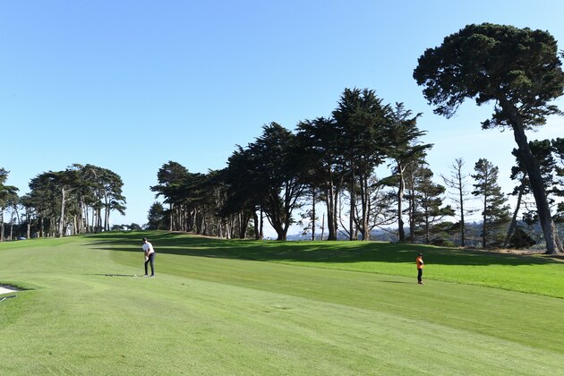 SAN FRANCISCO, CA - SEPTEMBER 16: Stephen Curry plays a shot at the 14th hole during the 2019 Stephen Curry Charity Classic presented by Workday at TPC Harding Park on September 16, 2019 in San Francisco, California. (Photo by Noah Graham/Getty Images for PGA of America)
