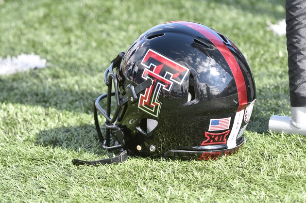 LAWRENCE, KS - OCTOBER 7: A Texas Tech Red Raiders helmet rest on the field during a game against the Kansas Jayhawks at Memorial Stadium on October 7, 2017 in Lawrence, Kansas. (Photo by Ed Zurga/Getty Images) *** Local Caption ***
