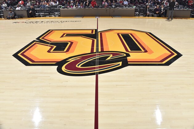 CLEVELAND, OH - OCTOBER 30: The Cleveland Cavaliers 50th season logo displayed on the court at Quicken Loans Arena on October 30, 2019 at Quicken Loans Arena in Cleveland, Ohio. NOTE TO USER: User expressly acknowledges and agrees that, by downloading and/or using this Photograph, user is consenting to the terms and conditions of the Getty Images License Agreement. Mandatory Copyright Notice: Copyright 2019 NBAE (Photo by David Liam Kyle/NBAE via Getty Images) CLEVELAND, OH - OCTOBER 30: The Cleveland Cavaliers 50th season logo displayed on the court at Quicken Loans Arena on October 30, 2019 at Quicken Loans Arena in Cleveland, Ohio. NOTE TO USER: User expressly acknowledges and agrees that, by downloading and/or using this Photograph, user is consenting to the terms and conditions of the Getty Images License Agreement. Mandatory Copyright Notice: Copyright 2019 NBAE (Photo by David Liam Kyle/NBAE via Getty Images)