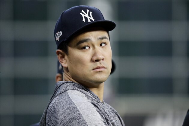 New York Yankees starting pitcher Masahiro Tanaka watches batting practice before Game 6 of baseball's American League Championship Series against the Houston Astros Saturday, Oct. 19, 2019, in Houston.(AP Photo/Eric Gay)