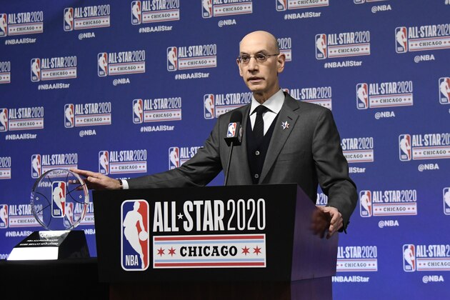 NBA Commissioner Adam Silver unveils the NBA All-Star Game Kobe Bryant MVP Award during a news conference Saturday, Feb. 15, 2020, in Chicago. (AP Photo/David Banks) NBA Commissioner Adam Silver unveils the NBA All-Star Game Kobe Bryant MVP Award during a news conference Saturday, Feb. 15, 2020, in Chicago. (AP Photo/David Banks)