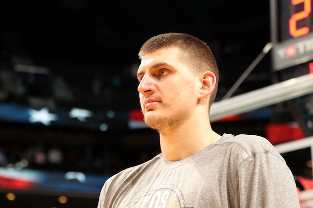 CHARLOTTE, NC - MARCH 5: Nikola Jokic #15 of the Denver Nuggets looks on during the game against the Charlotte Hornets on March 5, 2020 at Spectrum Center in Charlotte, North Carolina. NOTE TO USER: User expressly acknowledges and agrees that, by downloading and or using this photograph, User is consenting to the terms and conditions of the Getty Images License Agreement. Mandatory Copyright Notice: Copyright 2020 NBAE (Photo by Kent Smith/NBAE via Getty Images)