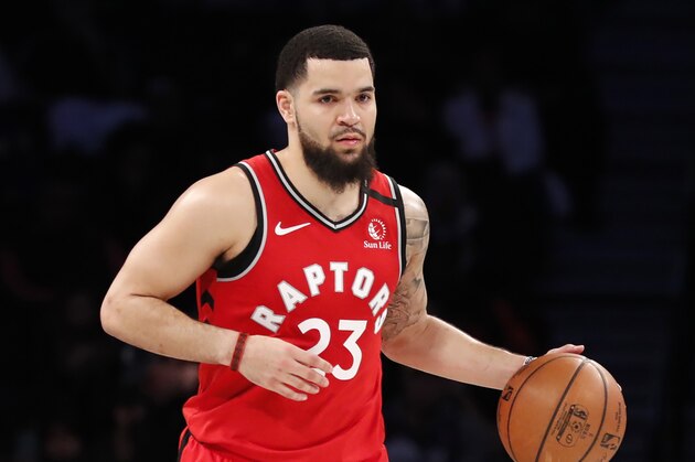 Toronto Raptors guard Fred VanVleet (23) handles the ball during the second quarter of an NBA basketball game against the Brooklyn Nets, Wednesday, Feb. 12, 2020, in New York. (AP Photo/Kathy Willens)