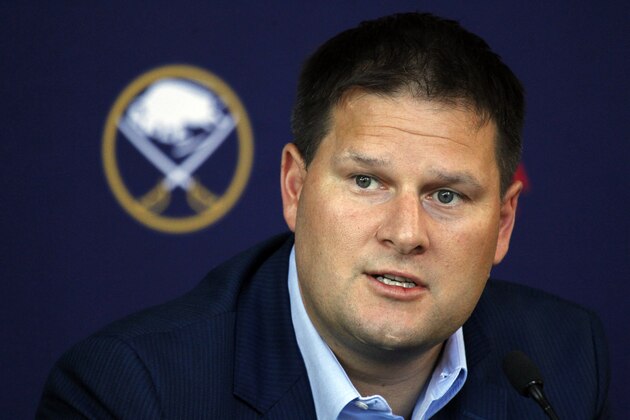 FILE - In this June 25, 2018, file photo, Buffalo Sabres general manager Jason Botterill addresses the media during an NHL news conference in Buffalo N.Y. Buffalo Botterill has ownership’s backing to return for a fourth season despite overseeing a team that extended its playoff drought to a ninth consecutive year, team president and co-owner Kim Pegula told The Associated Press on Tuesday, May 26, 2020. (AP Photo/Jeffrey T. Barnes, File) FILE - In this June 25, 2018, file photo, Buffalo Sabres general manager Jason Botterill addresses the media during an NHL news conference in Buffalo N.Y. Buffalo Botterill has ownership’s backing to return for a fourth season despite overseeing a team that extended its playoff drought to a ninth consecutive year, team president and co-owner Kim Pegula told The Associated Press on Tuesday, May 26, 2020. (AP Photo/Jeffrey T. Barnes, File)