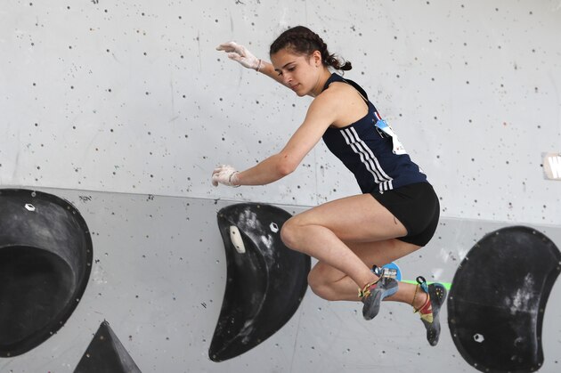 Luce Douady of France competes during the womens bouldering final competition of the International Federation of Sport Climbing World Cup Saturday, June 8, 2019, in Vail, Colo. (AP Photo/David Zalubowski)