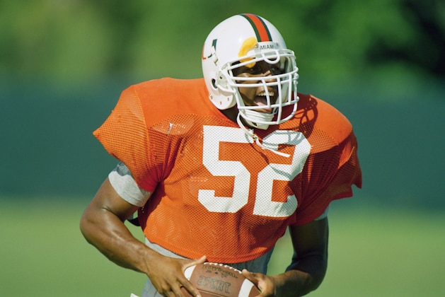 Miami Hurricanes middle linebacker Ray Lewis is pictured with the ball during practice at the University of Miami in Coral Gables, Fla., Sept. 21, 1993. When the third-ranked Hurricanes play at Colorado State Saturday, Lewis will become the first freshman to start for Miami since safety Daryl Williams in 1989. (AP Photo/Lynne Sladky)