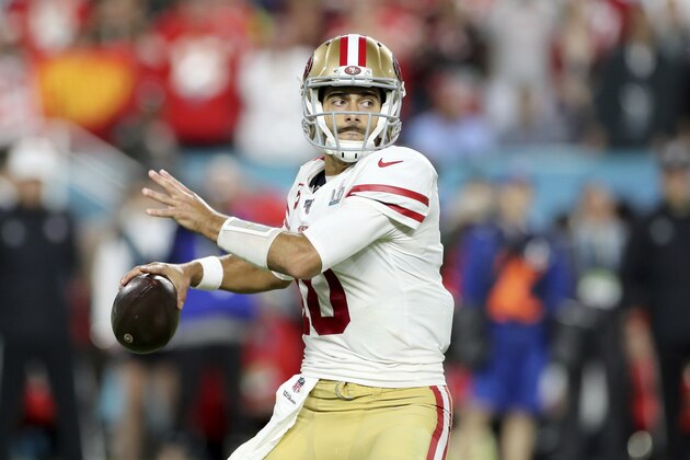 San Francisco 49ers quarterback Jimmy Garoppolo (10) passes against the Kansas City Chiefs at Super Bowl 54 on Feb. 2, 2020, in Miami Gardens, Fla. The Chiefs won the game 31-20. (AP Photo/Gregory Payan)