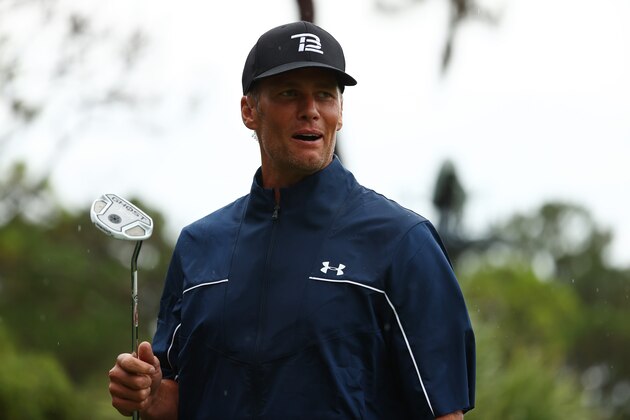 HOBE SOUND, FLORIDA - MAY 24:  NFL player Tom Brady of the Tampa Bay Buccaneers reacts on the 11th green  during The Match: Champions For Charity at Medalist Golf Club on May 24, 2020 in Hobe Sound, Florida. (Photo by Mike Ehrmann/Getty Images for The Match)