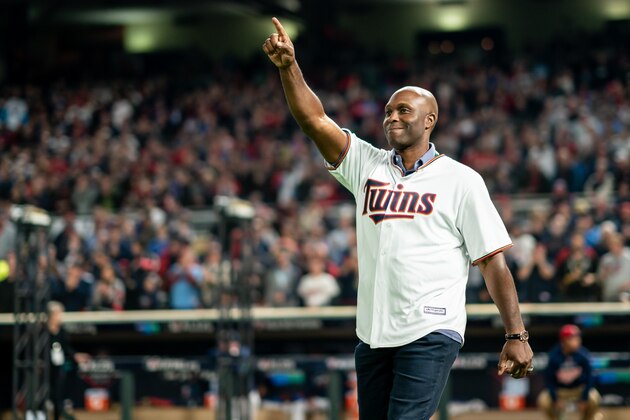 MINNEAPOLIS, MN - OCTOBER 07: Former player Torii Hunter of the Minnesota Twins throws out the first pitch prior to the game against the New York Yankees on October 7, 2019 in game three of the American League Division Series at the Target Field in Minneapolis, Minnesota. (Photo by Brace Hemmelgarn/Minnesota Twins/Getty Images)