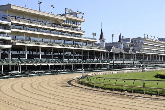 LOUISVILLE, KENTUCKY - MAY 02:  A view of the twin spires and empty grandstand from the first turn at Churchill Downs on May 02, 2020 in Louisville, Kentucky.  The 146th running of the Kentucky Derby, originally scheduled for May 2nd, has been postponed to September 5, 2020 due to the COVID-19 pandemic. (Photo by Andy Lyons/Getty Images)