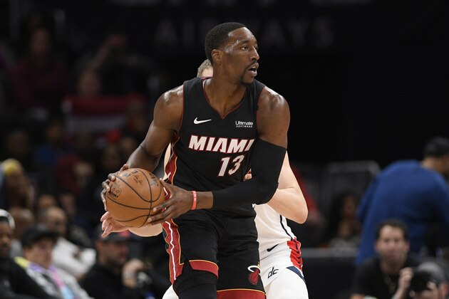 Miami Heat forward Bam Adebayo (13) handles the ball during the second half of an NBA basketball game against the Washington Wizards, Sunday, March 8, 2020, in Washington. The Heat won 100-89. (AP Photo/Nick Wass)