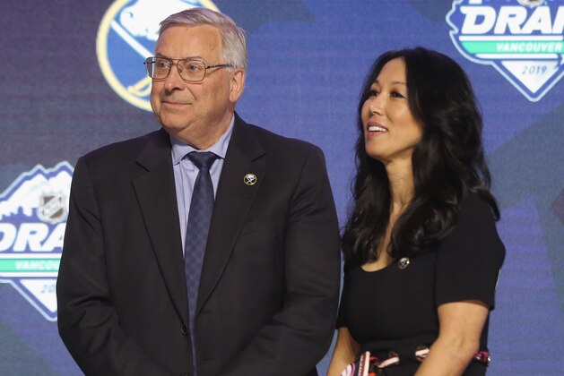 VANCOUVER, BRITISH COLUMBIA - JUNE 21: (L-R) Terry and Kim Pegula of the Buffalo Sabres attend the 2019 NHL Draft at the Rogers Arena on June 21, 2019 in Vancouver, Canada. (Photo by Bruce Bennett/Getty Images)