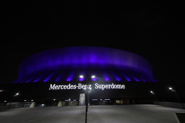 NEW ORLEANS, LA - APRIL 09: The Mercedes-Benz Superdome is lit up blue on April 09, 2020 in New Orleans, Louisiana. Landmarks and buildings across the nation are displaying blue lights to show support for health care workers and first responders on the front lines of the coronavirus (COVID-19) pandemic. (Photo by Chris Graythen/Getty Images)