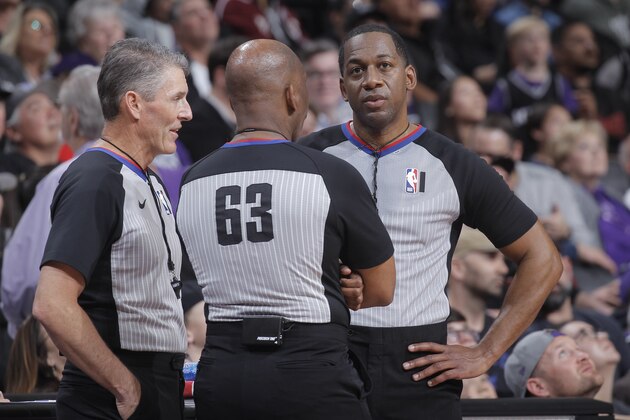 SACRAMENTO, CA - MARCH 8: NBA referees Scott Foster, Mitchell Ervin and Derek Richardson talk during the game beteween the Toronto Raptors and Sacramento Kings on March 8, 2020 at Golden 1 Center in Sacramento, California. NOTE TO USER: User expressly acknowledges and agrees that, by downloading and or using this photograph, User is consenting to the terms and conditions of the Getty Images Agreement. Mandatory Copyright Notice: Copyright 2020 NBAE (Photo by Rocky Widner/NBAE via Getty Images)