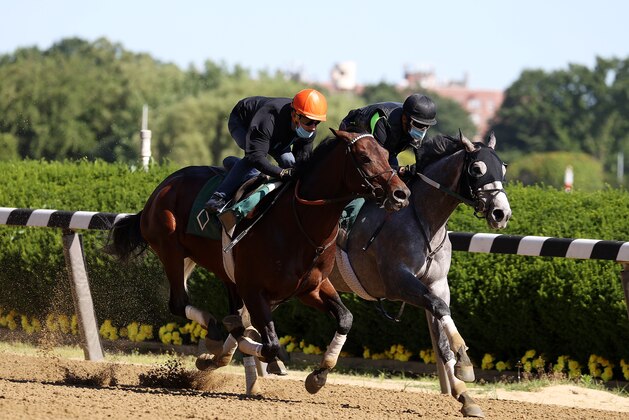 ELMONT, NEW YORK - JUNE 14: Belmont Stakes contender Modernist breezes with Jockey Junior Alvarado up during morning training prior to the 152nd running of the Belmont Stakes at Belmont Park on June 14, 2020 in Elmont, New York. (Photo by Al Bello/Getty Images) ELMONT, NEW YORK - JUNE 14: Belmont Stakes contender Modernist breezes with Jockey Junior Alvarado up during morning training prior to the 152nd running of the Belmont Stakes at Belmont Park on June 14, 2020 in Elmont, New York. (Photo by Al Bello/Getty Images)