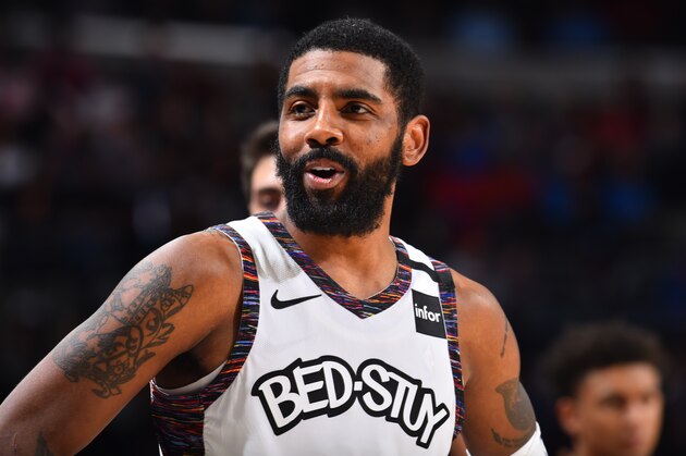 PHILADELPHIA, PA - JANUARY 15: Kyrie Irving #11 of the Brooklyn Nets smiles during a game against the Philadelphia 76ers on January 15, 2020 at the Wells Fargo Center in Philadelphia, Pennsylvania NOTE TO USER: User expressly acknowledges and agrees that, by downloading and/or using this Photograph, user is consenting to the terms and conditions of the Getty Images License Agreement. Mandatory Copyright Notice: Copyright 2020 NBAE (Photo by Jesse D. Garrabrant/NBAE via Getty Images)