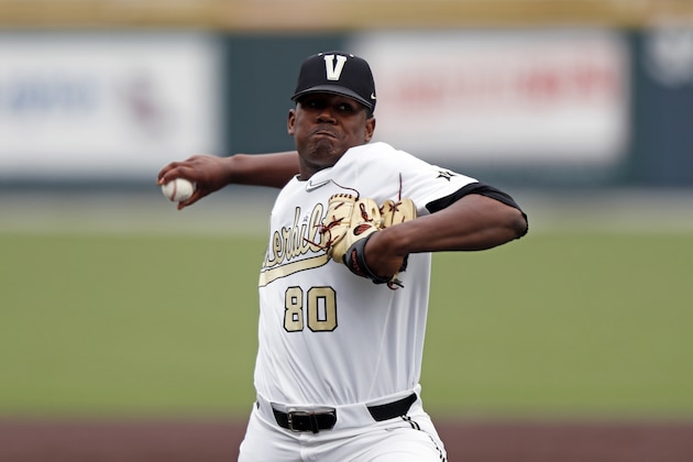 Vanderbilt's Kumar Rocker throws to a batter during an NCAA college baseball game against Missouri, Saturday, May 11, 2019, in Nashville, Tenn. (AP Photo/Wade Payne)