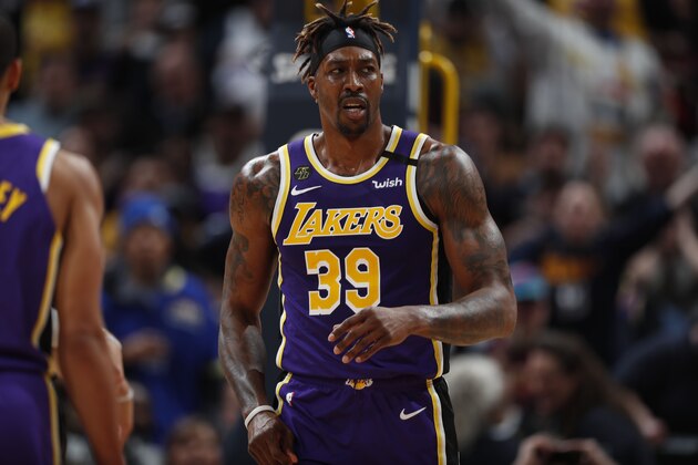 Los Angeles Lakers center Dwight Howard (39) in the second half overtime of an NBA basketball game Wednesday, Feb. 12, 2020, in Denver. The Lakers won 120-116 in overtime. (AP Photo/David Zalubowski)