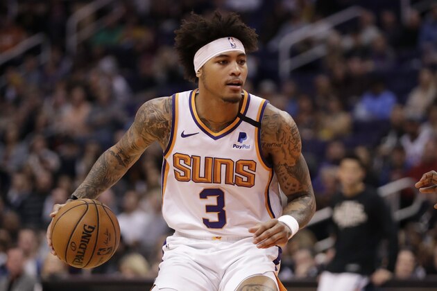 Phoenix Suns forward Kelly Oubre Jr. (3) against the Golden State Warriors during the second half of an NBA basketball game, Wednesday, Feb. 12, 2020, in Phoenix. (AP Photo/Matt York)