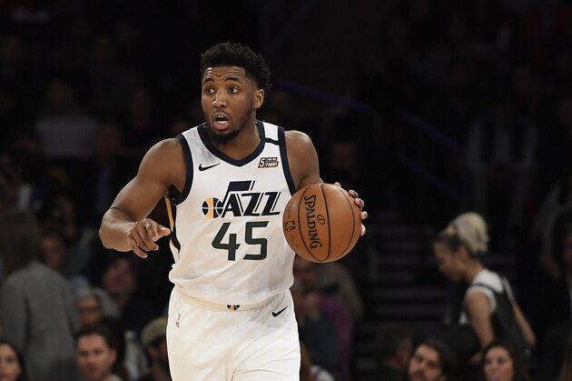 Utah Jazz guard Donovan Mitchell (45) dribbles the ball during the second half of an NBA basketball game against the New York Knicks in New York, Wednesday, March 4, 2020. (AP Photo/Sarah Stier)