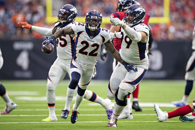 HOUSTON, TX - DECEMBER 8:  Kareem Jackson #22 of the Denver Broncos celebrates after intercepting a pass during the second half of a game against the Houston Texans at NRG Stadium on December 8, 2019 in Houston, Texas.  The Broncos defeated the Texans 38-24.  (Photo by Wesley Hitt/Getty Images)