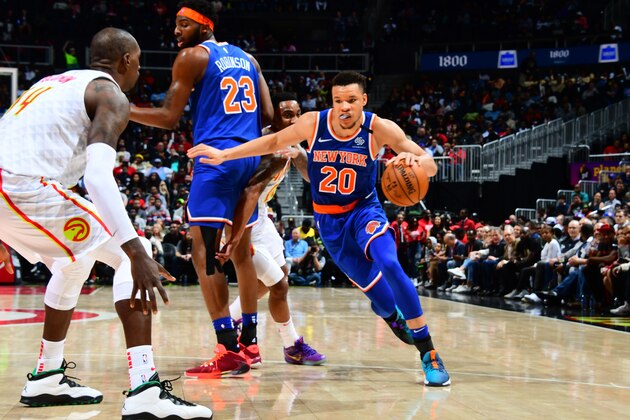 ATLANTA, GA - MARCH 11: Kevin Knox II #20 of the New York Knicks drives to the basket against the Atlanta Hawks on March 11, 2020 at State Farm Arena in Atlanta, Georgia.  NOTE TO USER: User expressly acknowledges and agrees that, by downloading and/or using this Photograph, user is consenting to the terms and conditions of the Getty Images License Agreement. Mandatory Copyright Notice: Copyright 2020 NBAE (Photo by Scott Cunningham/NBAE via Getty Images)
