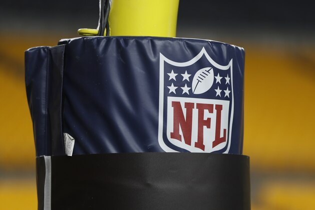 FILE - In this Dec. 15, 2019, file photo, The NFL logo NFL is on the goal post at Heinz Field before an NFL football game between the Pittsburgh Steelers and the Buffalo Bills in Pittsburgh. Disabled Sports USA, with funding from the NFL and the Bob Woodruff Foundation, plans to launch a league in the fall. (AP Photo/Keith Srakocic, File)