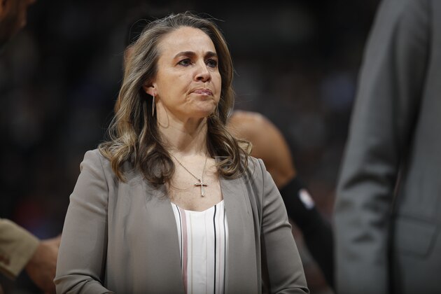 San Antonio Spurs assistant coach Becky Hammon in the first half of an NBA basketball game Monday, Feb . 10, 2020, in Denver. (AP Photo/David Zalubowski)