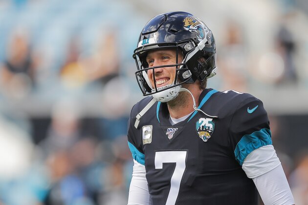 JACKSONVILLE, FLORIDA - DECEMBER 01: Nick Foles #7 of the Jacksonville Jaguars looks on before the start of a game against the Tampa Bay Buccaneers at TIAA Bank Field on December 01, 2019 in Jacksonville, Florida. (Photo by James Gilbert/Getty Images)