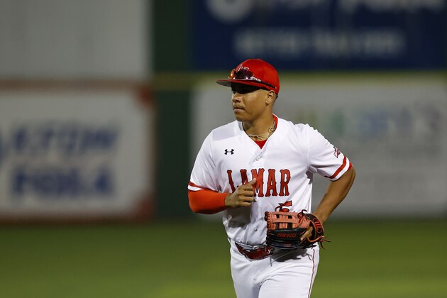 Lamar University's J.C. Correa (5) during an Prairie View A&M University at Lamar University NCAA baseball game on Wednesday, March 4, 2020, in Beaumont, Texas. (AP Photo/Aaron M. Sprecher)