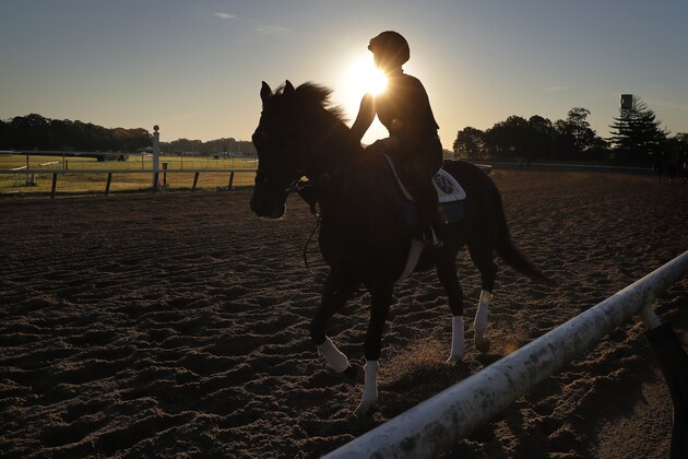 A rider works out a horse just after sunrise at Belmont Park in Elmont, N.Y., Wednesday, June 17, 2020. The 152nd running of the Belmont Stakes is scheduled to be run on Saturday. (AP Photo/Seth Wenig)