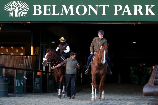 ELMONT, NEW YORK - JUNE 14:  Belmont Stakes contender Tiz the Law enters the main track with Jockey Manny Franco up with Trainer Barclay Tagg riding alongside during morning training prior to the 152nd running of the Belmont Stakes at Belmont Park at Belmont Park on June 14, 2020 in Elmont, New York. (Photo by Al Bello/Getty Images)