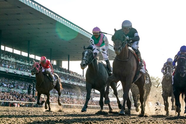 ELMONT, NEW YORK- JUNE 8, 2019: Master Fencer with jockey Julien Leparoux  approaching the starting gate before the 151st running of the Belmont Stakes at Belmont Park Race Track on June 8, 2019 in Elmont, New York (Photo by Horsephotos/Getty Images)