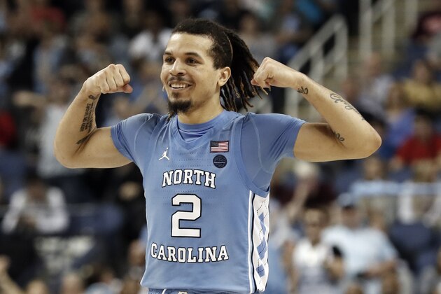 North Carolina guard Cole Anthony (2) reacts during the second half of an NCAA college basketball game against Virginia Tech at the Atlantic Coast Conference tournament in Greensboro, N.C., Tuesday, March 10, 2020. (AP Photo/Gerry Broome)